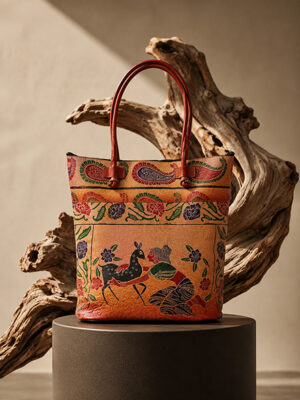 Handcrafted Shantiniketan Leather Handbag – 14-Inch Multicolor