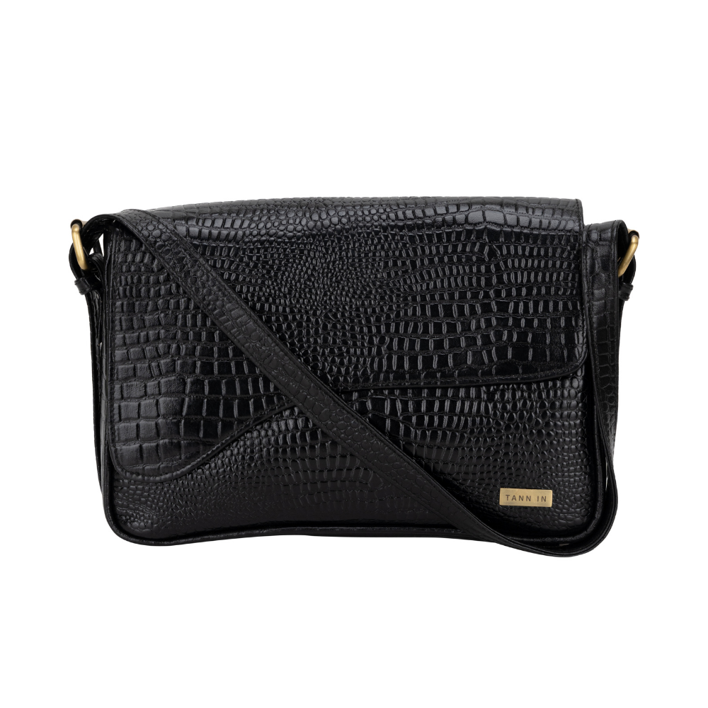 TANN IN leather sling bag in Midnight Black – genuine leather, handcrafted in Kolkata
