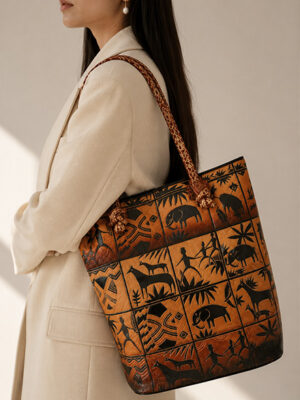 Hand-Embossed Shantiniketan Leather Bag – Jungle Design