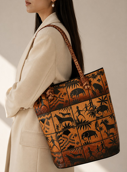 Hand-Embossed Shantiniketan Leather Bag – Jungle Design
