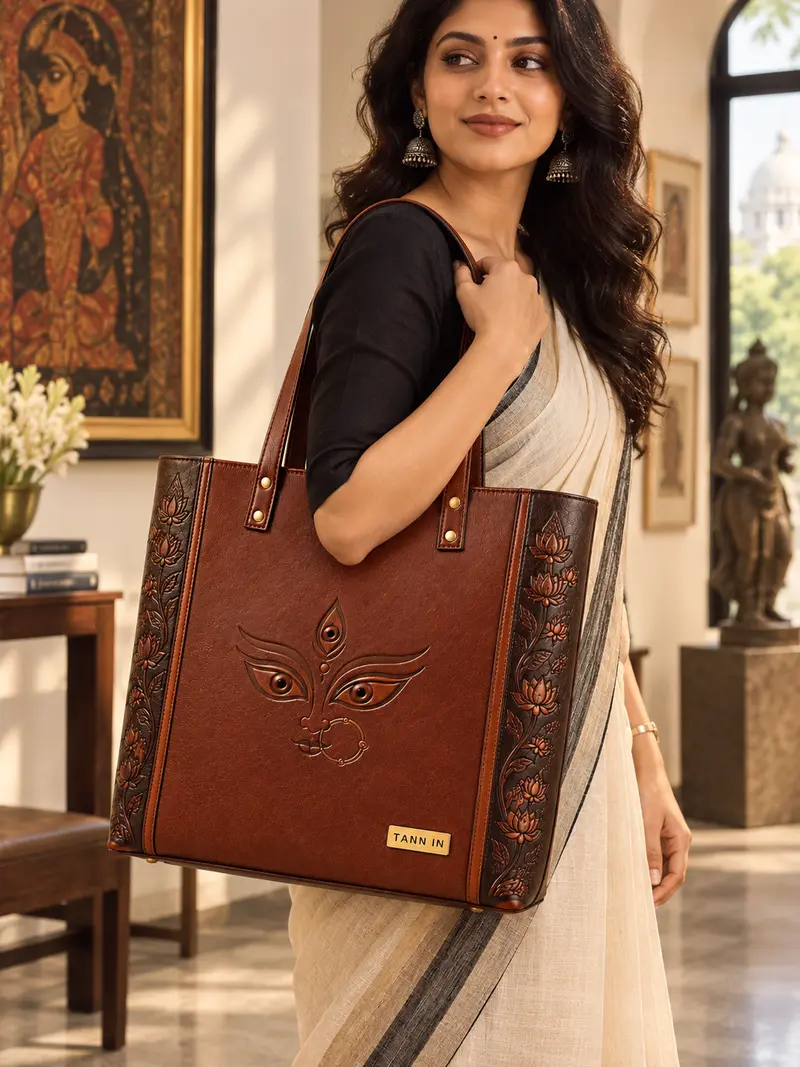 Durga Drishti Brown Leather Tote — lifestyle visualisation 1