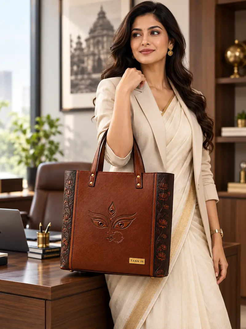 Durga Drishti Brown Leather Tote — lifestyle visualisation 2