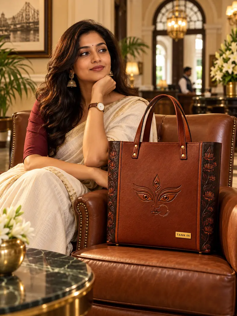 Durga Drishti Brown Leather Tote — lifestyle visualisation 3