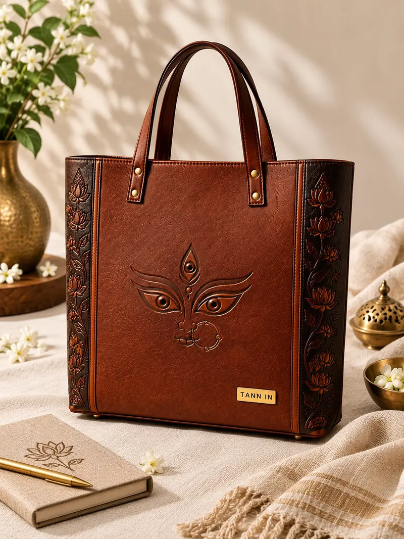 Durga Drishti Brown Leather Tote — lifestyle visualisation 4