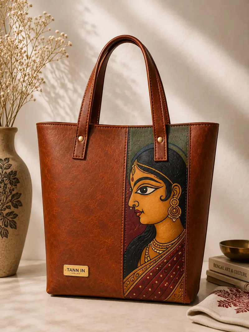 Kalighat Portrait Tan Leather Tote — supplied design reference
