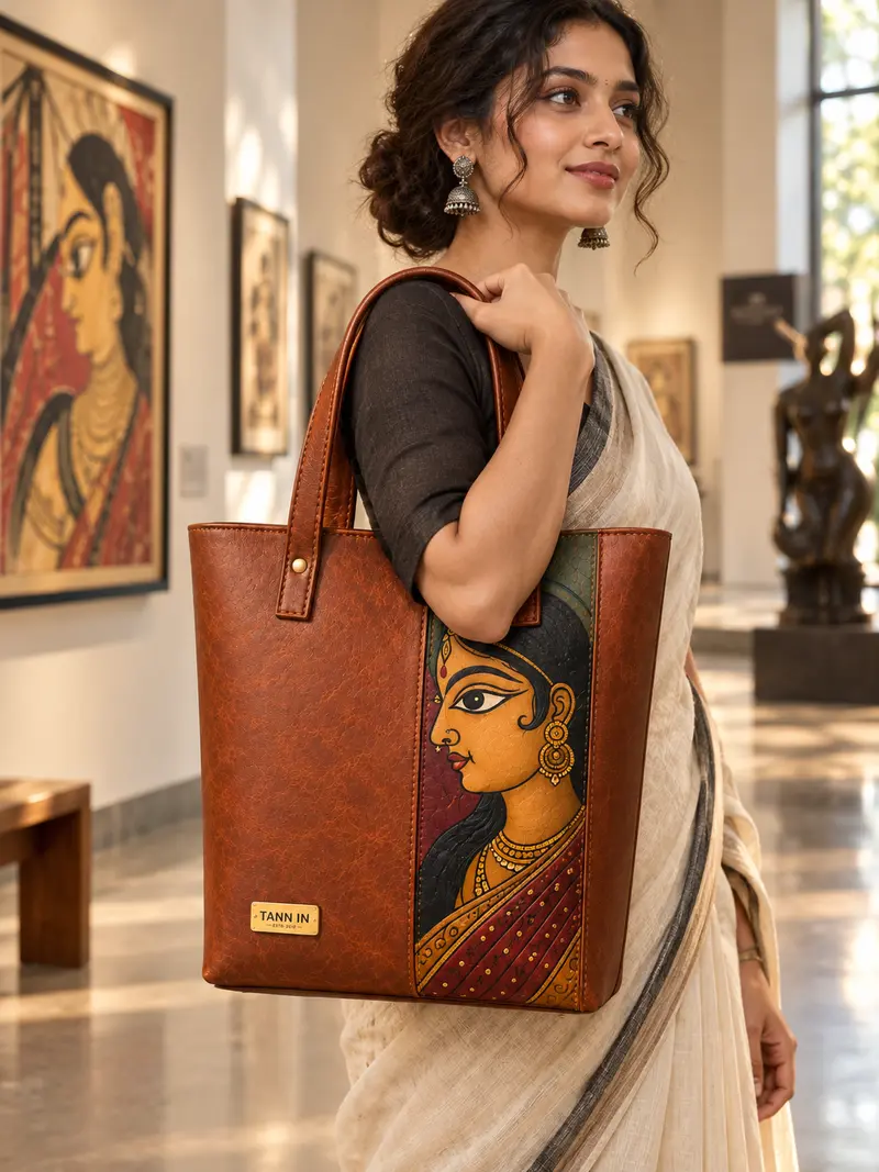 Kalighat Portrait Tan Leather Tote — lifestyle visualisation 1