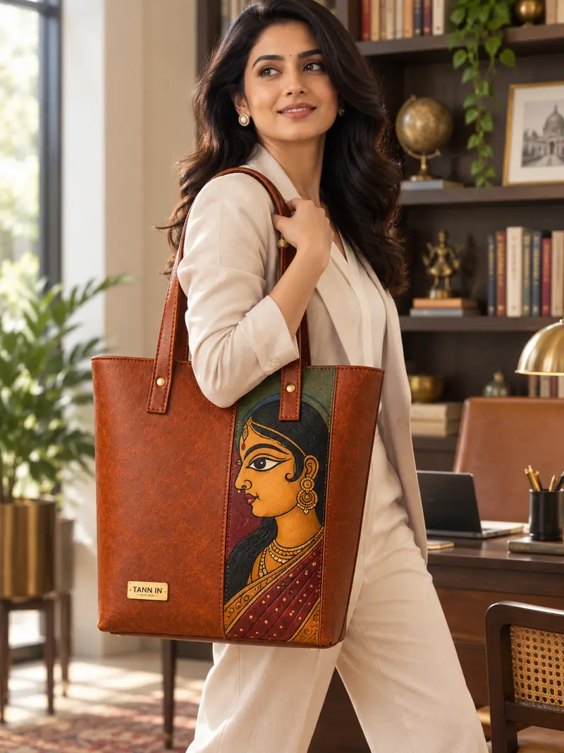 Kalighat Portrait Tan Leather Tote — lifestyle visualisation 2