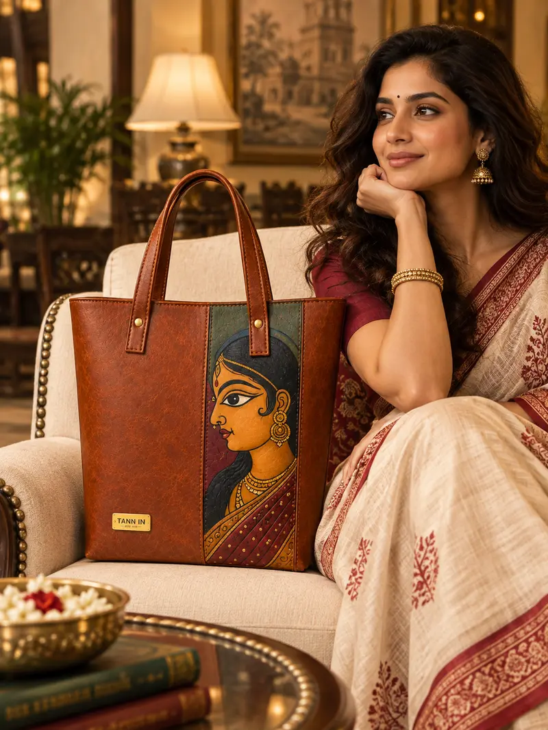 Kalighat Portrait Tan Leather Tote — lifestyle visualisation 3