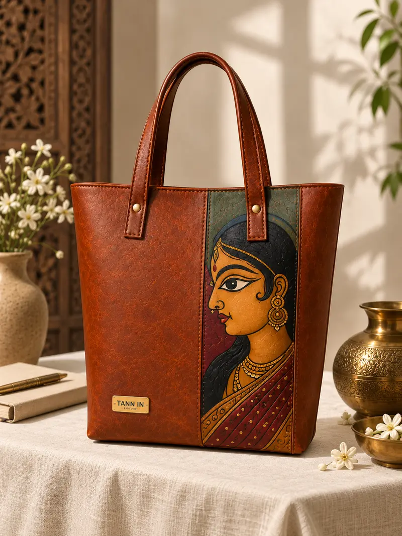 Kalighat Portrait Tan Leather Tote — lifestyle visualisation 4