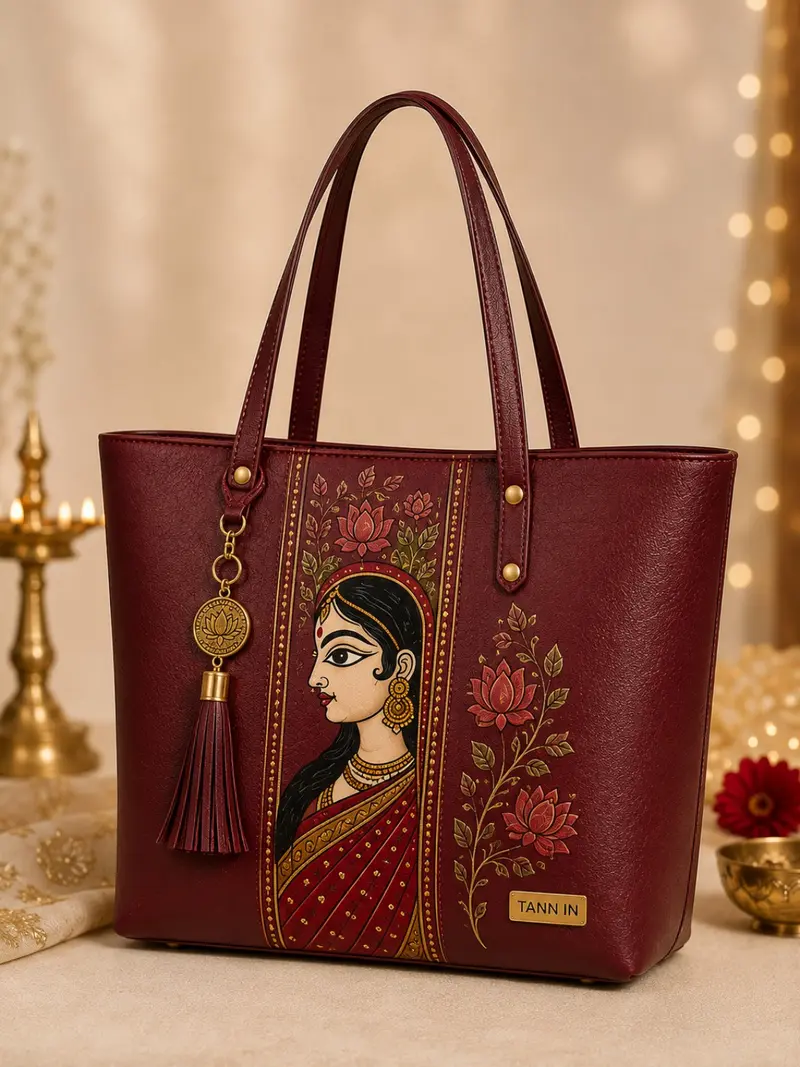 Portrait and Lotus Maroon Leather Tote — supplied design reference