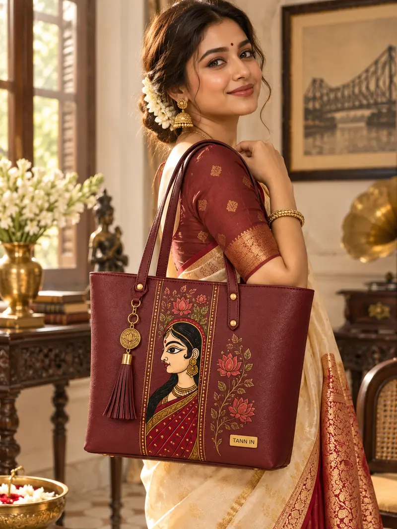 Portrait and Lotus Maroon Leather Tote — lifestyle visualisation 1