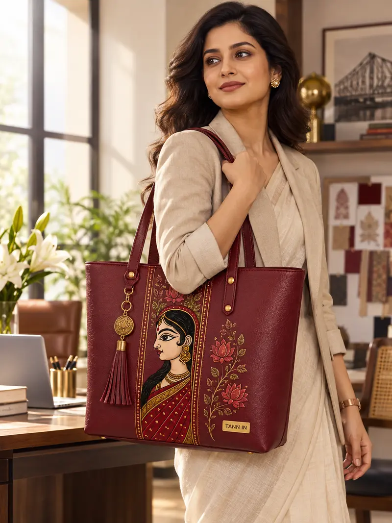 Portrait and Lotus Maroon Leather Tote — lifestyle visualisation 2