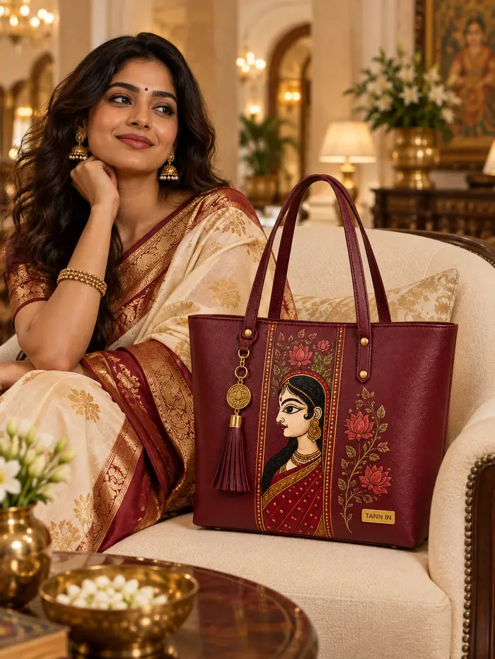 Portrait and Lotus Maroon Leather Tote — lifestyle visualisation 3