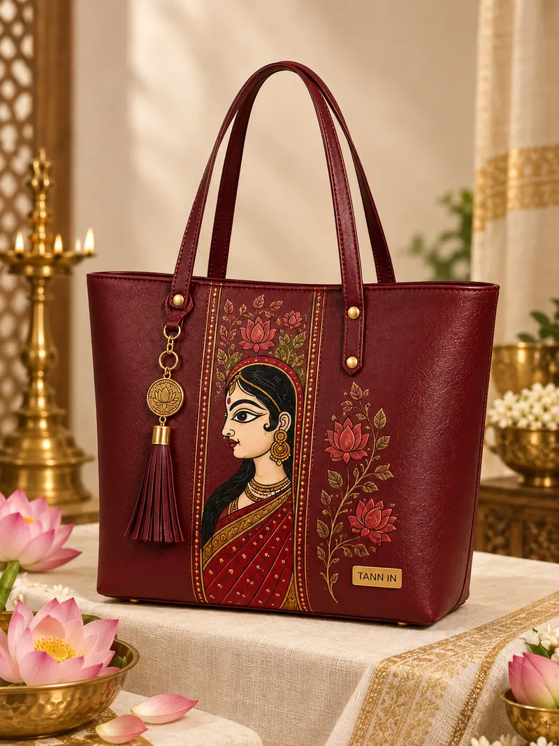 Portrait and Lotus Maroon Leather Tote — lifestyle visualisation 4