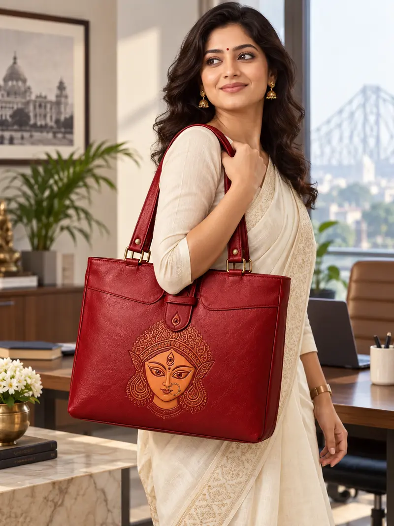 Durga Heritage Red Leather Tote — lifestyle visualisation 1