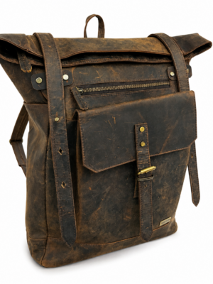 Angled view of brown Hunter roll-top backpack