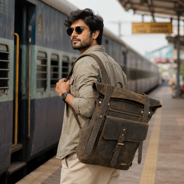 TANN IN Handcrafted Genuine Leather Hunter Roll-Top Backpack