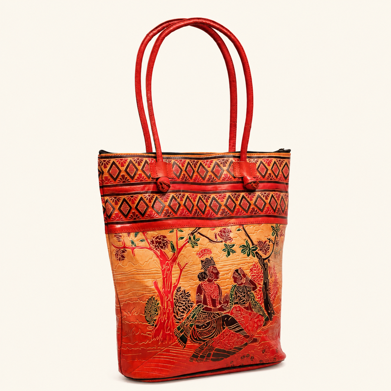 Angled view of red Shantiniketan Radha–Krishna tote