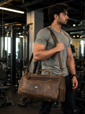 Vintage tan leather duffel carried with its shoulder strap