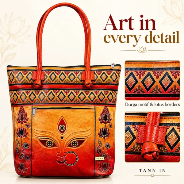 TANN IN Durga Motif Genuine Leather Tote Bag for Women – Orange & Red