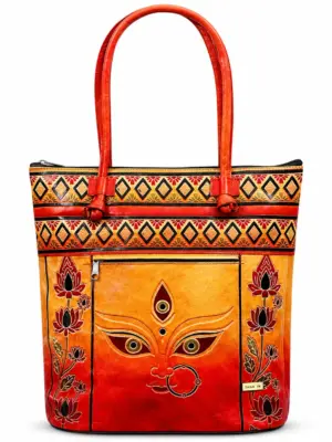 TANN IN Durga Motif Genuine Leather Tote Bag for Women – Orange & Red