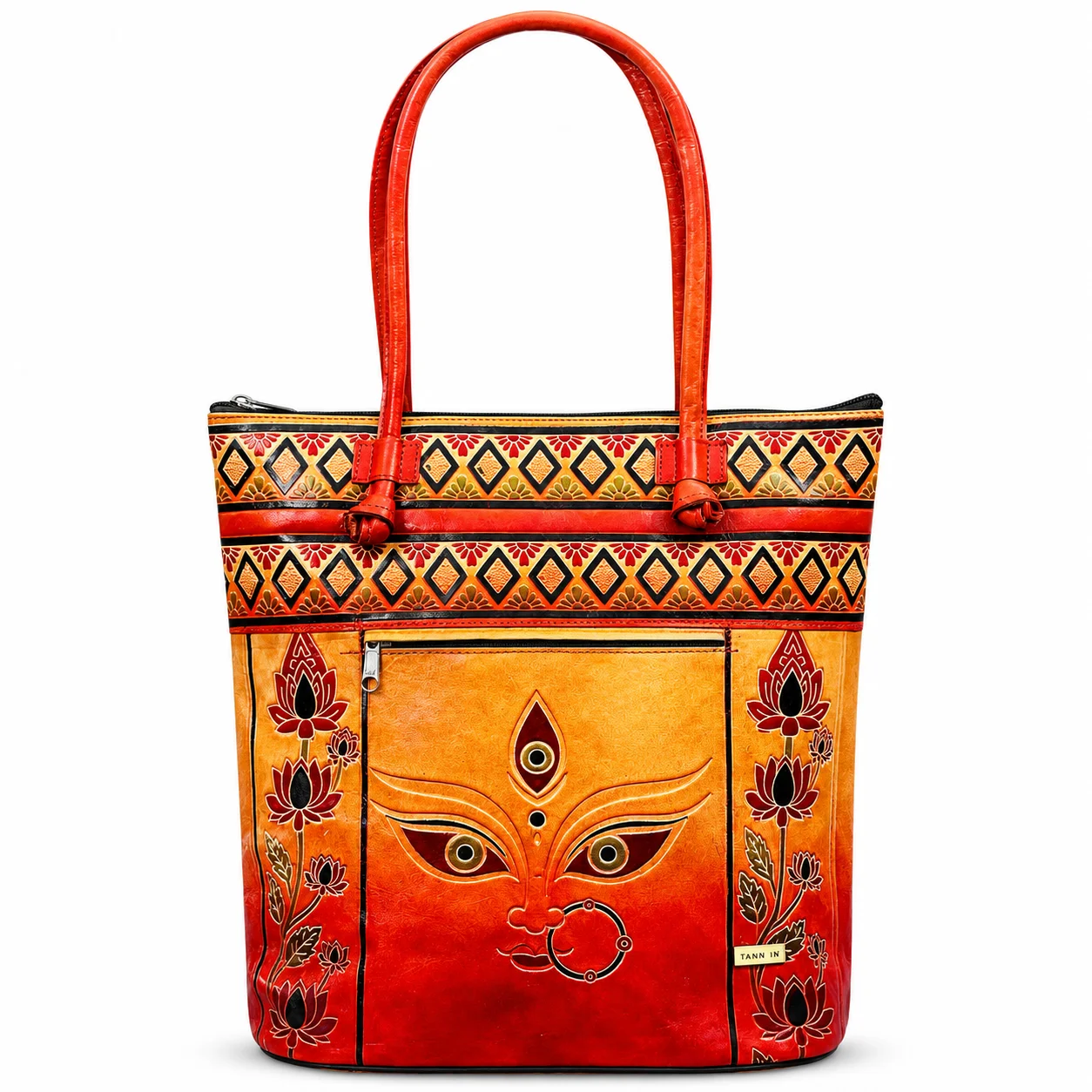 TANN IN Durga Motif Genuine Leather Tote Bag for Women – Orange & Red