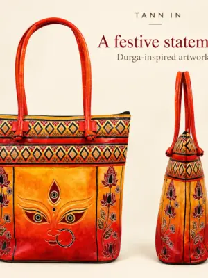 TANN IN Durga motif tote bag showing non-zip face and side profile
