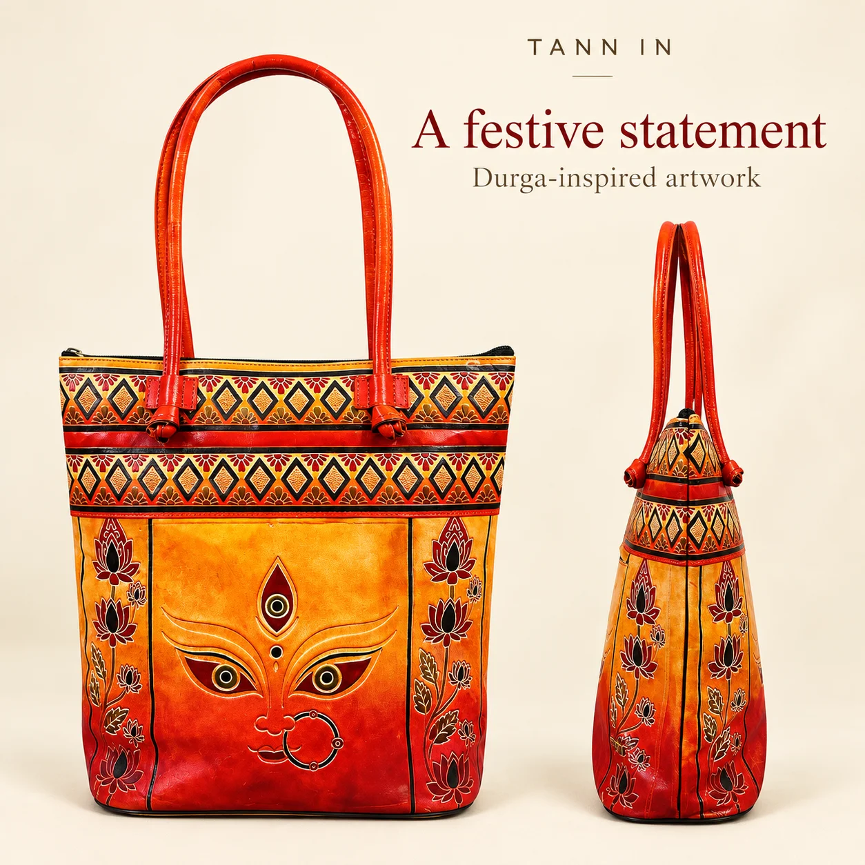 TANN IN Durga motif tote bag showing non-zip face and side profile