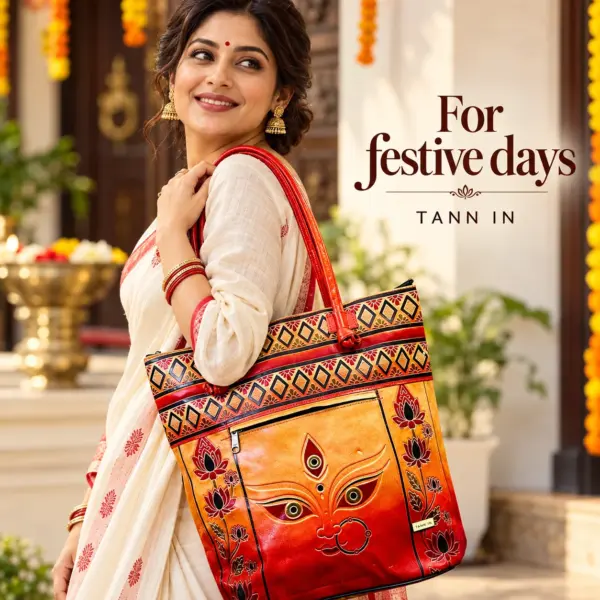 TANN IN Durga Motif Genuine Leather Tote Bag for Women – Orange & Red
