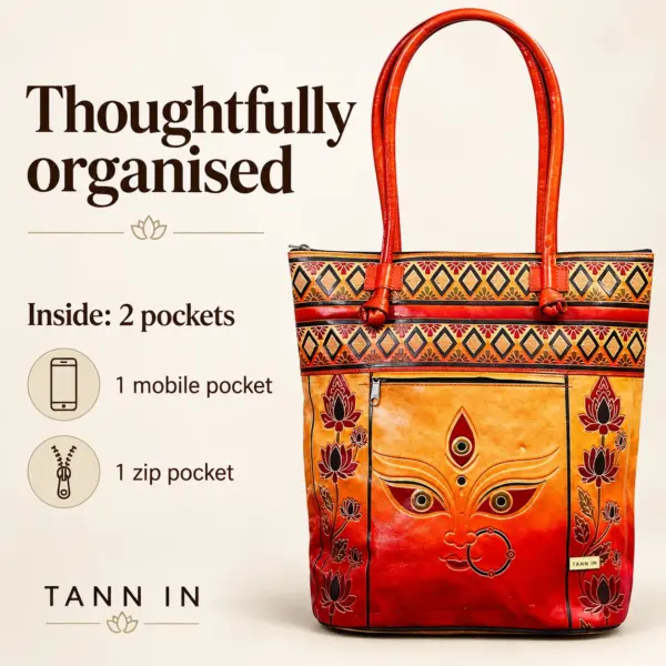 TANN IN Durga Motif Genuine Leather Tote Bag for Women – Orange & Red