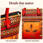 TANN IN Durga Motif Genuine Leather Tote Bag for Women – Orange & Red