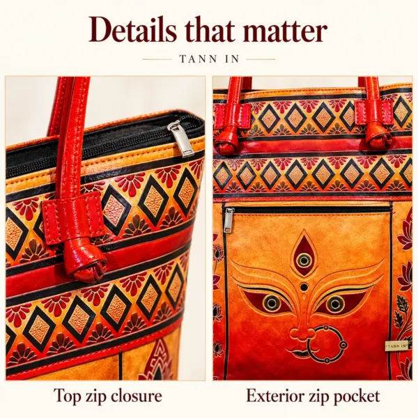 TANN IN Durga Motif Genuine Leather Tote Bag for Women – Orange & Red